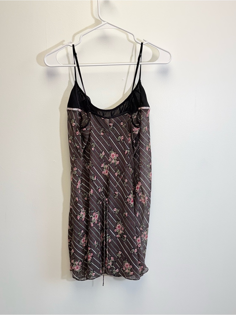 VTG Y2K Black Pink Floral Stripe Sheer Mini Slip Dress Large Coquette Bow - Picture 7 of 9